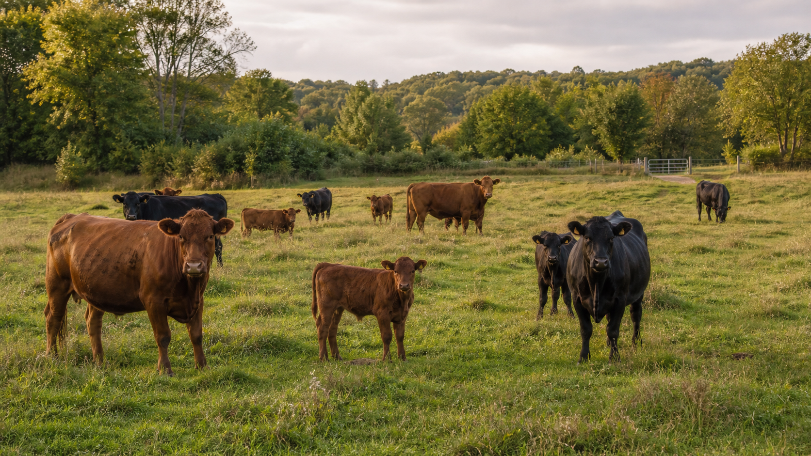 Red and black beef cows with calves grazing in a Grey-Bruce pasture
