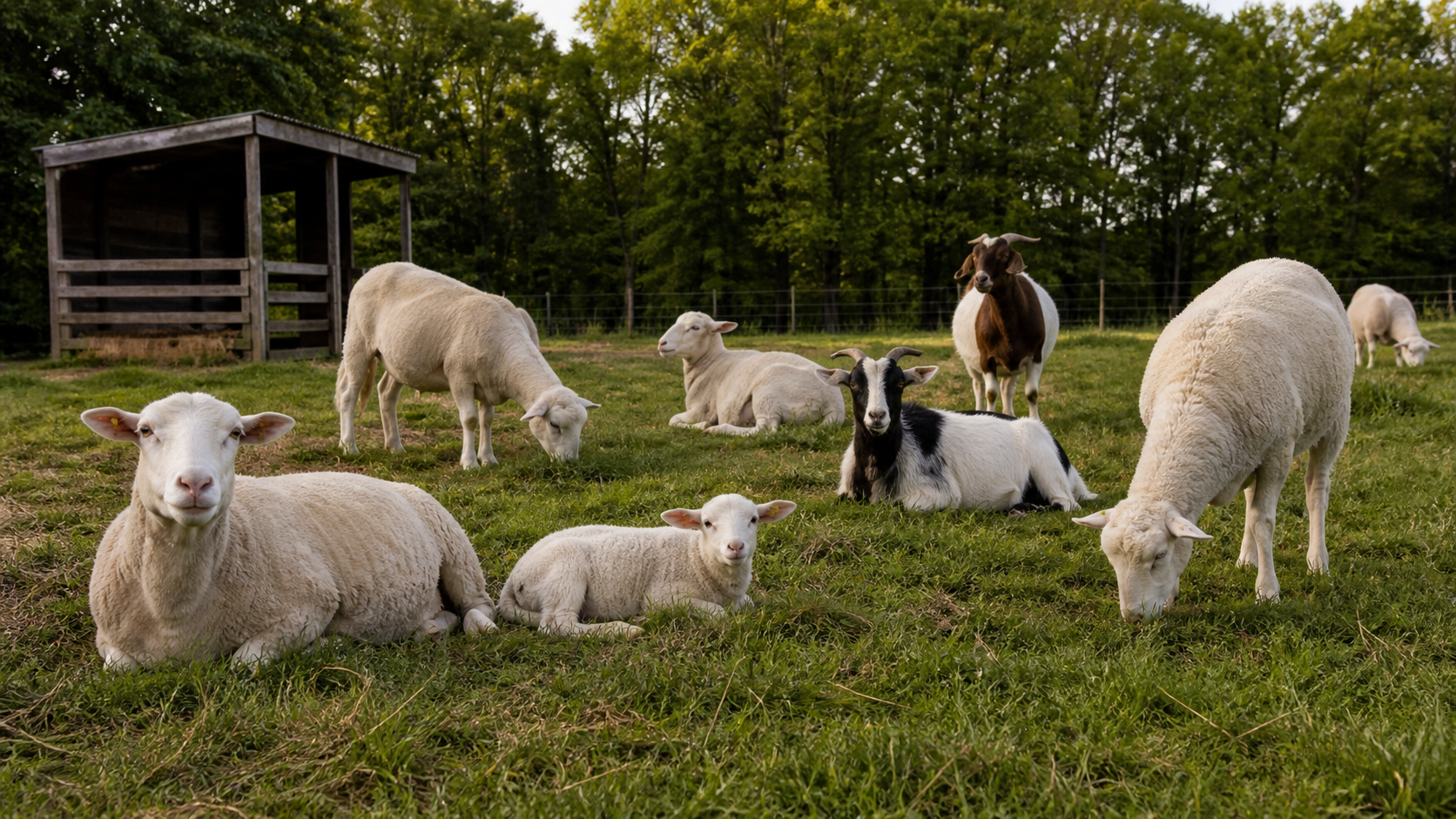 Sheep, lambs and goats resting and grazing in an Ontario pasture